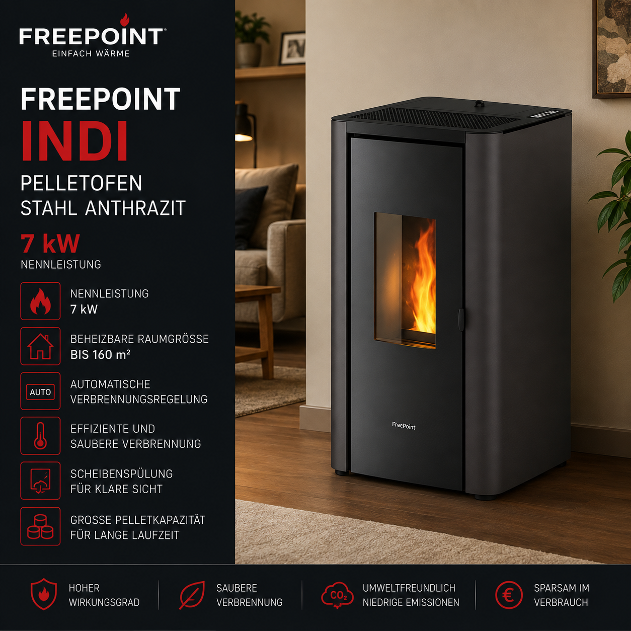 Freepoint Indi Pelletofen 7 kW – Stahl Anthrazit, Dauerbrand mit Automatik – Bild 2