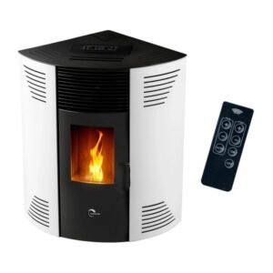 Sannover Iseos Eck-Pelletofen 10,6 kW – Weiß, 30-kg-Behälter mit Fernbedienung