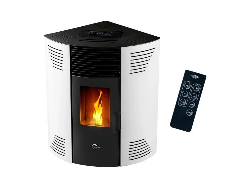 Sannover Iseos Eck-Pelletofen 10,6 kW – Weiß, 30-kg-Behälter mit Fernbedienung