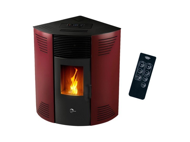 Sannover Iseos Eck-Pelletofen 10,6 kW – Bordeaux, 30-kg-Behälter mit Fernbedienung