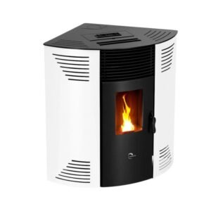 Sannover Iseos Eck-Pelletofen 10,6 kW – Weiß, 30-kg-Behälter mit Fernbedienung