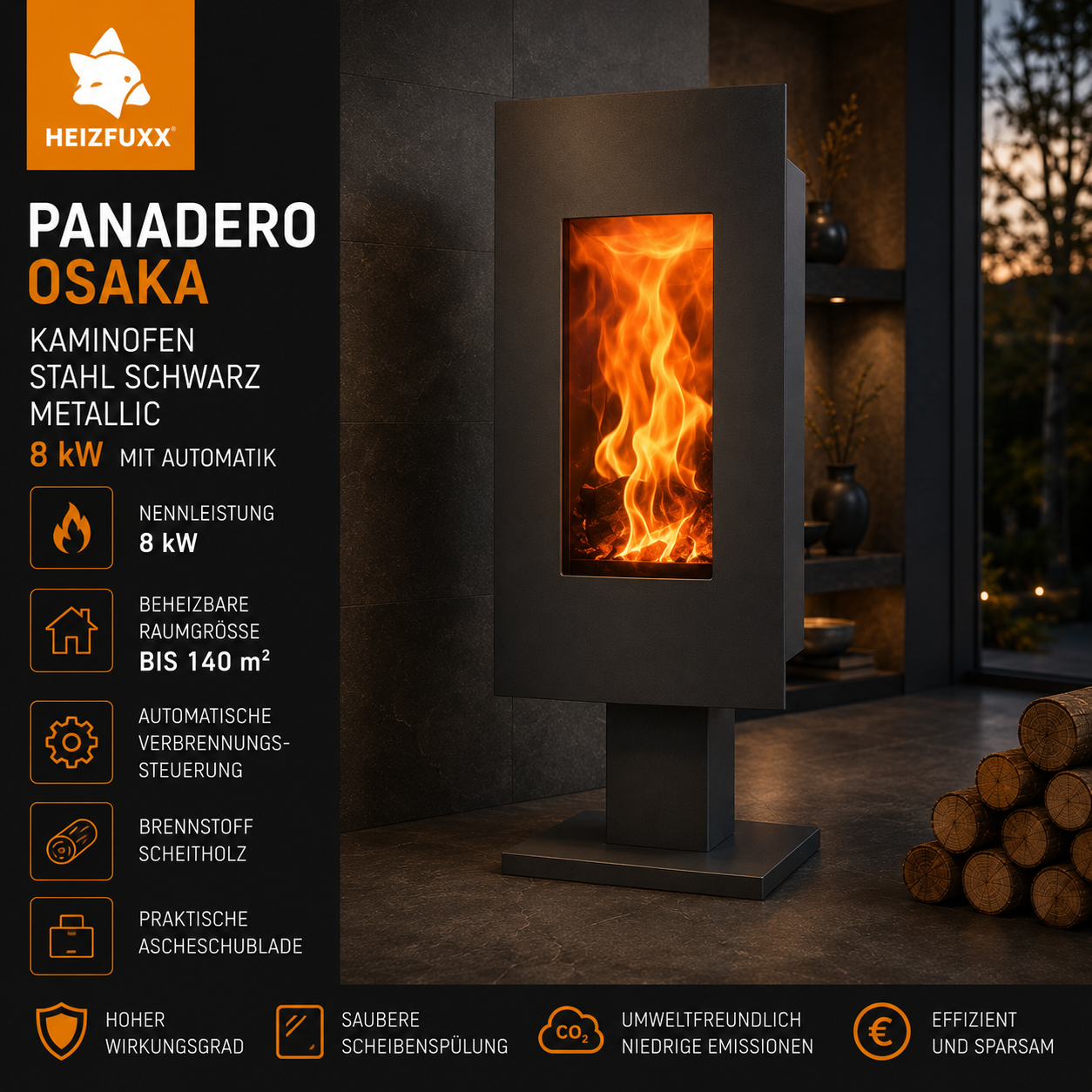 Panadero Osaka Kaminofen 8 kW – Stahl Schwarz Metallic, schlank und raumluftunabhängig – Bild 5