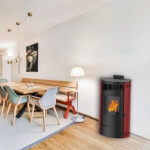 Sannover Flavia Luft-Pelletofen 12,6 kW – Bordeaux, rund mit Fernbedienung und Automatik