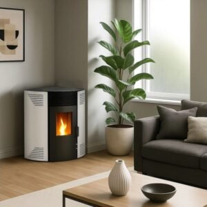 Sannover Iseos Eck-Pelletofen 10,6 kW – Weiß, 30-kg-Behälter mit Fernbedienung