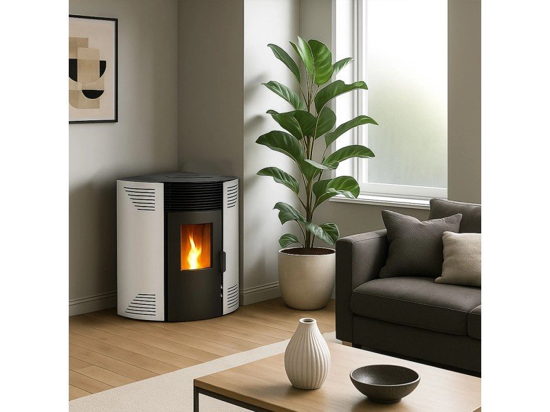 Sannover Iseos Eck-Pelletofen 10,6 kW – Weiß, 30-kg-Behälter mit Fernbedienung – Bild 3