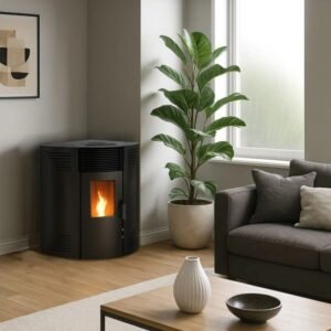 Sannover Iseos Eck-Pelletofen 10,6 kW – Schwarz, 30-kg-Behälter mit Fernbedienung