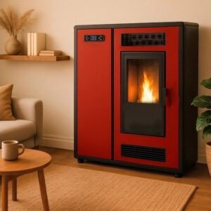 Sannover Slim Astral Luft-Pelletofen 10,6 kW – Bordeaux, extra flach mit Fernbedienung