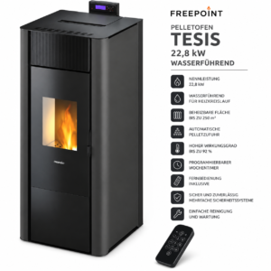 Freepoint Tesis Pelletofen 22,8 kW – Stahl Anthrazit, wasserführend mit Gussbrennraum