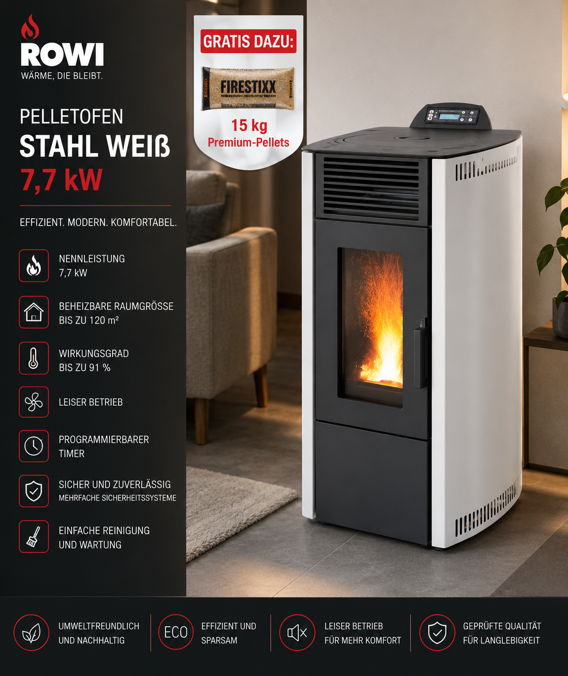 Rowi HPO 8/1 Easy II Pelletofen 7,7 kW – Weiß, raumluftunabhängig aus Stahl – Bild 5