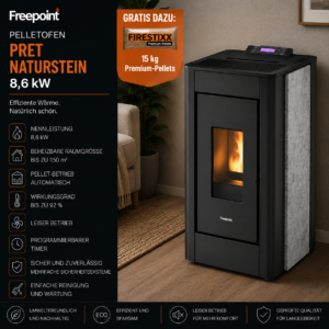 Freepoint Pret Pelletofen 8,6 kW – Naturstein mit Automatik, raumluftunabhängig