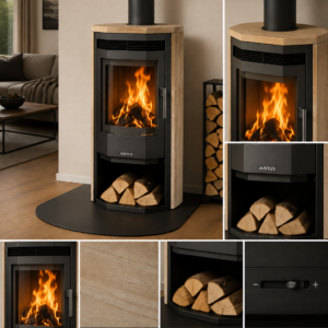Justus Usedom 5 Kaminofen 5 kW – Schwarz mit Sandsteinverkleidung