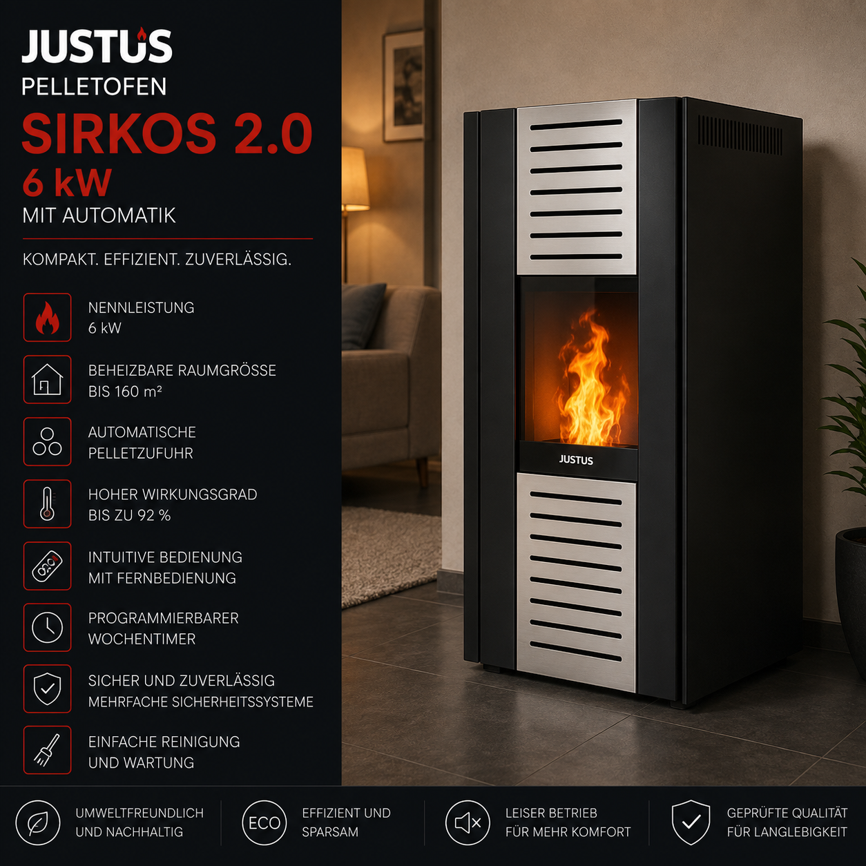 Justus Sirkos 2.0 Pelletofen 6 kW – Stahl Schwarz, raumluftunabhängig mit Vollautomatik – Bild 4
