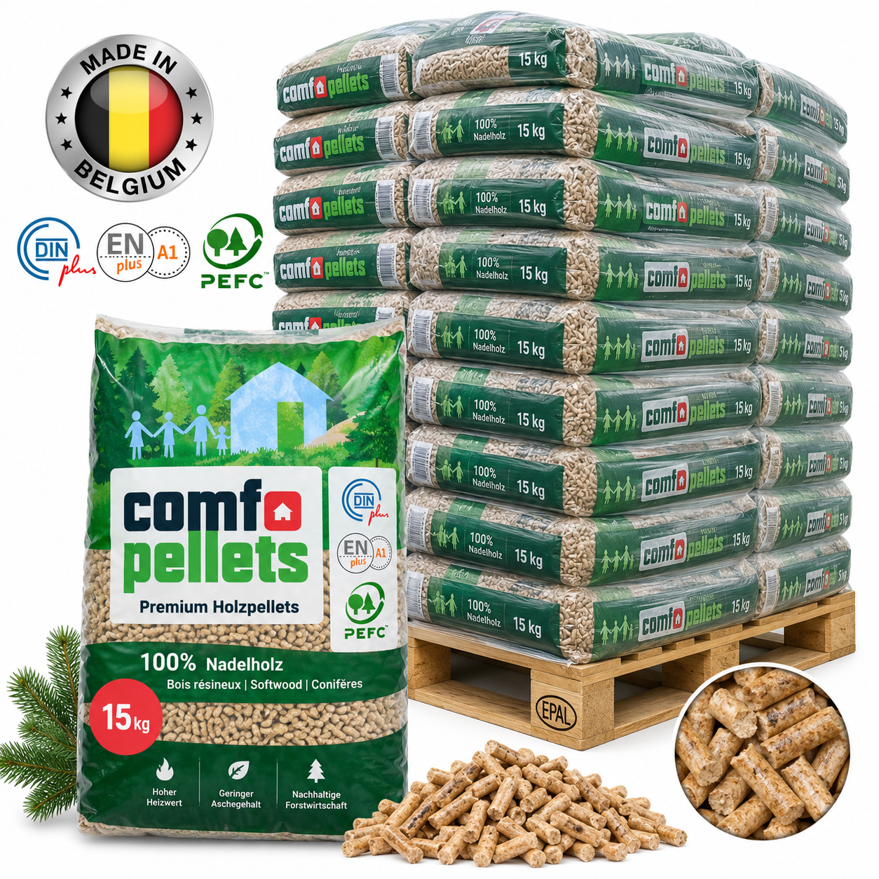 Comfo Holzpellets Palette mit 65 Säcken à 15 kg (975 kg) – 100 % Nadelholz, ENplus A1, DINplus und PEFC