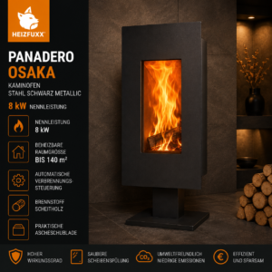 Panadero Osaka Kaminofen 8 kW – Stahl Schwarz Metallic, schlank und raumluftunabhängig