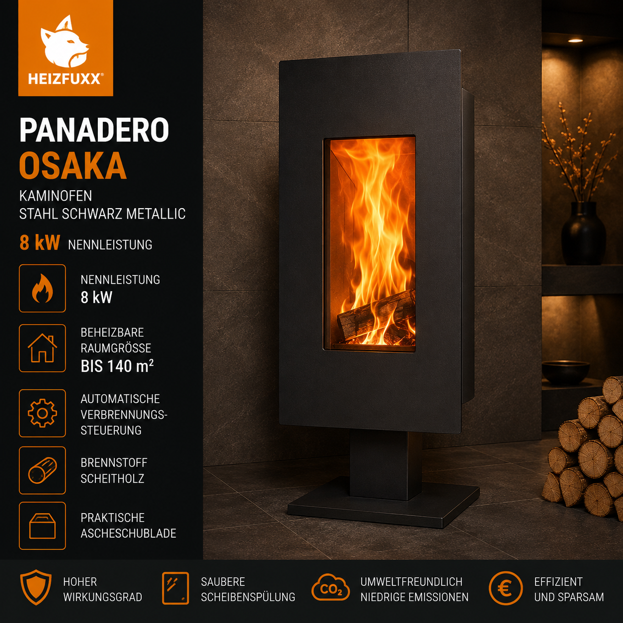 Panadero Osaka Kaminofen 8 kW – Stahl Schwarz Metallic, schlank und raumluftunabhängig – Bild 4