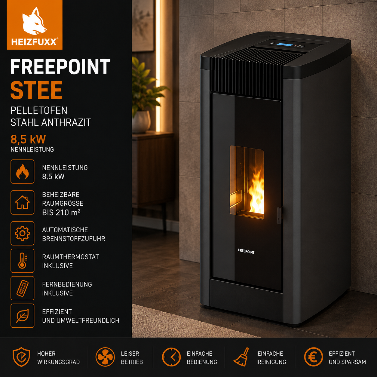 Freepoint STEE Pelletofen 8,5 kW – Anthrazit, WLAN-Steuerung und Guss-Brennraum – Bild 2