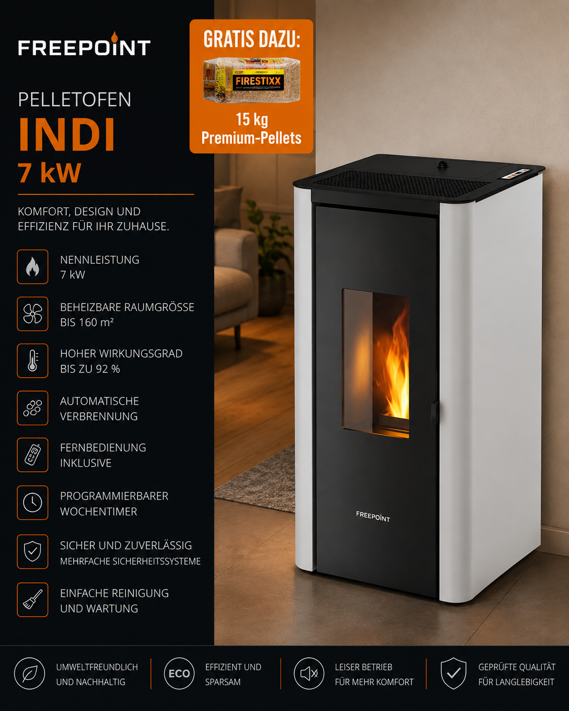 Freepoint Indi Pelletofen 7 kW – Stahl Weiß, Dauerbrand mit Automatik – Bild 2