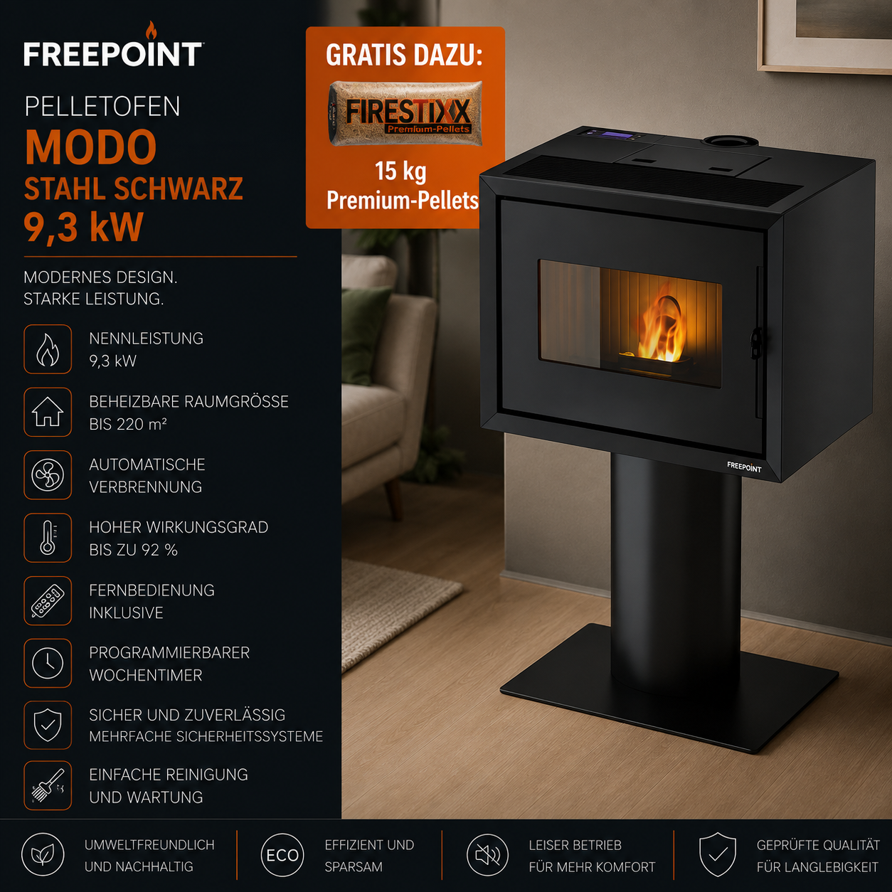 Freepoint Modo Pelletofen 9,3 kW – Stahl Schwarz, minimalistisch mit Fernbedienung – Bild 4