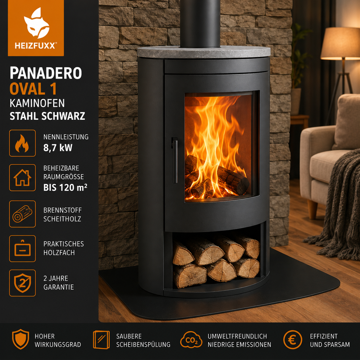 Panadero Oval 1 Kaminofen 8,7 kW – Stahl Schwarz, raumluftunabhängig mit Vermiculite-Brennraum – Bild 4