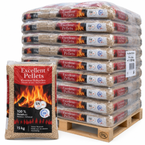 Excellent Holzpellets Palette mit 77 Säcken à 15 kg (1.155 kg) – 100 % Nadelholz, ENplus A1 und DINplus