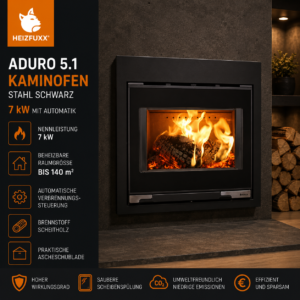 Aduro 5.1 Kaminofen 7 kW – Stahl Schwarz, extra niedrig mit Primärluftautomatik