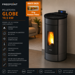 Freepoint Globe Pelletofen 10,5 kW – Stahl Anthrazit mit Automatik und Fernbedienung