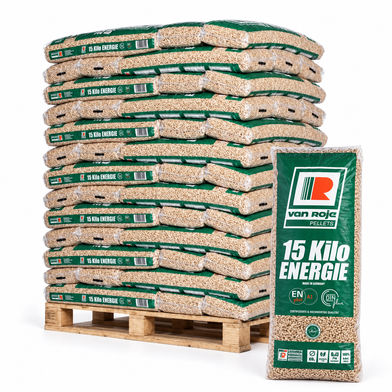 Van Roje Holzpellets Palette mit 65 Säcken à 15 kg (975 kg) – 100 % Nadelholz, ENplus A1, DINplus und PEFC