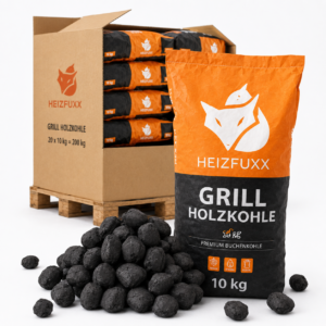 Heizfuxx Grillbriketts Hartholz-Holzkohle – 200-kg-Palette, 20 Säcke à 10 kg, Gastro-Qualität