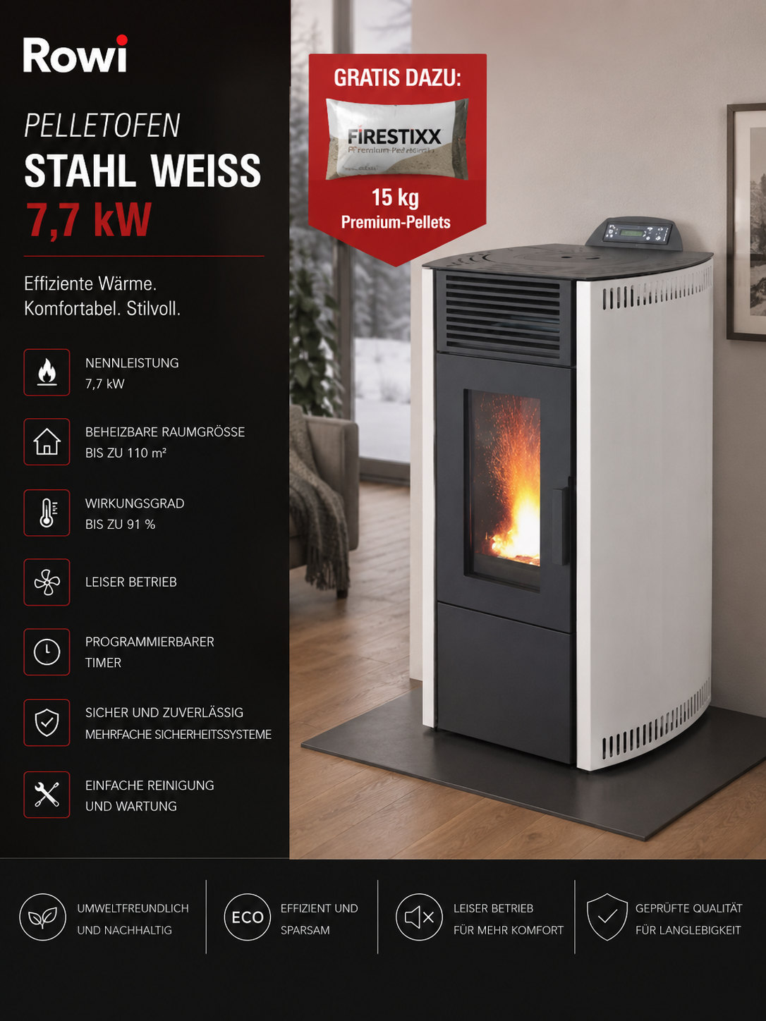 Rowi HPO 8/1 Easy II Pelletofen 7,7 kW – Weiß, raumluftunabhängig aus Stahl – Bild 3