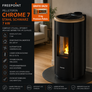 Freepoint Chrome 7 Pelletofen 7 kW – Stahl Schwarz, raumluftunabhängig mit WLAN