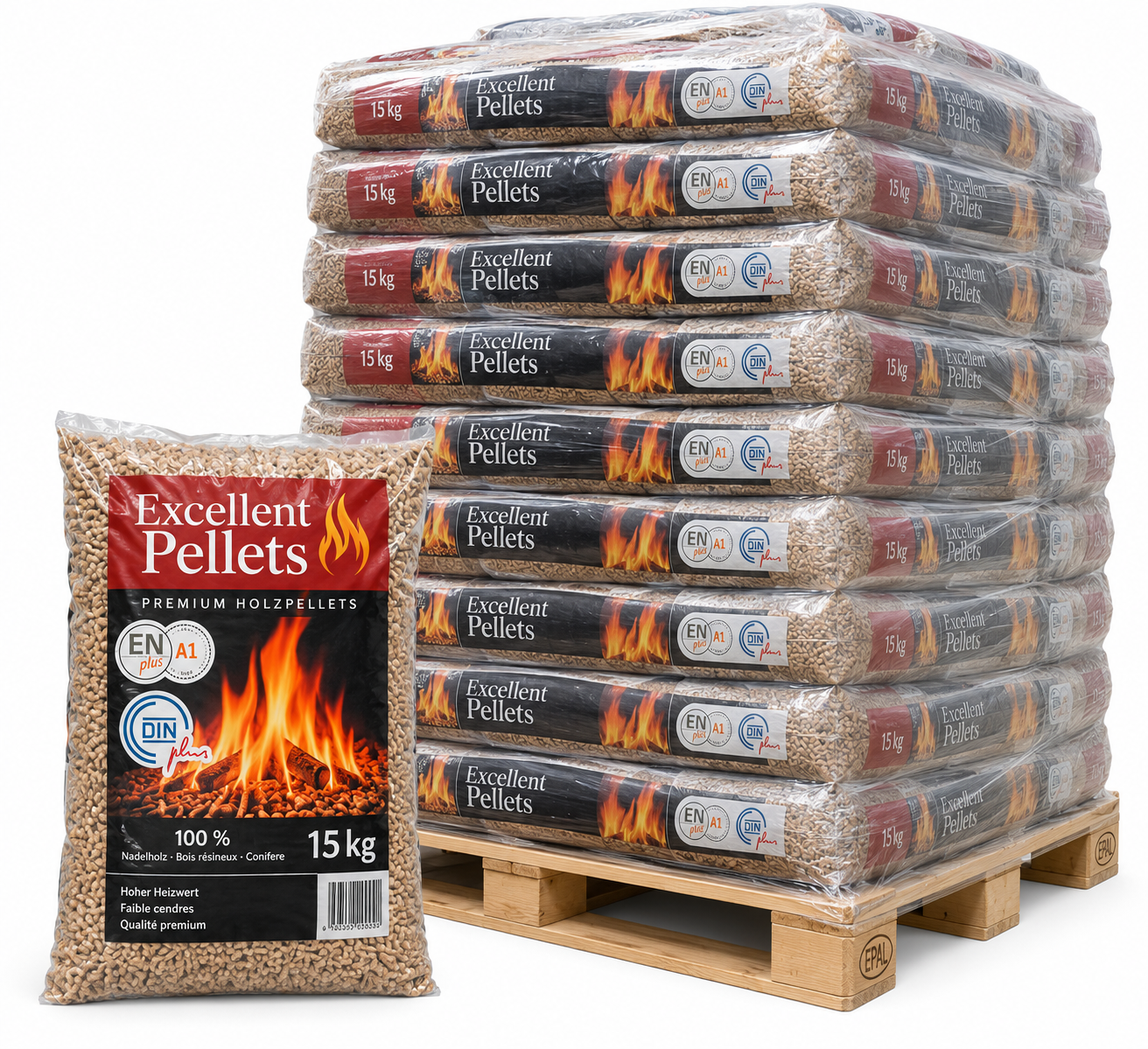 Pellet Excellent Holzpellets Palette mit 65 Säcken à 15 kg (975 kg) – 100 % Nadelholz, ENplus A1 und DINplus