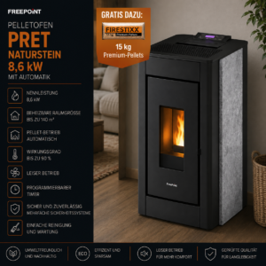 Freepoint Pret Pelletofen 8,6 kW – Naturstein mit Automatik, raumluftunabhängig