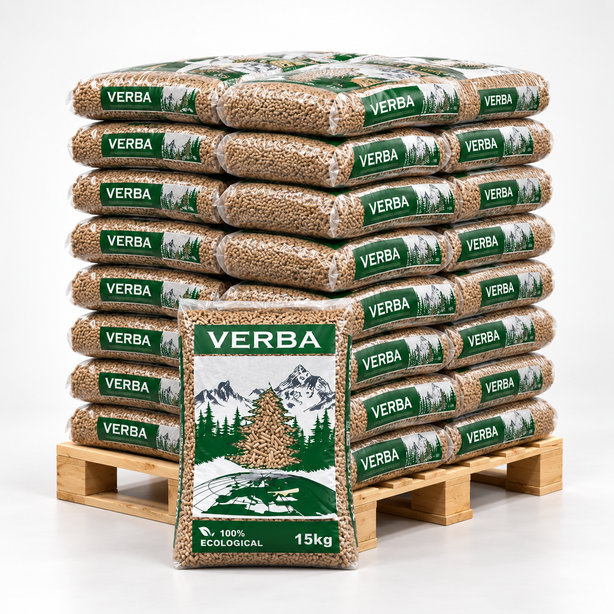 Verba Holzpellets Palette mit 70 Säcken à 15 kg (1.050 kg) – 100 % Nadelholz, ENplus A1, Festigkeit mindestens 98 %