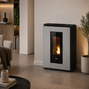 Freepoint Arco Pelletofen 7 kW – Stahl Titangrau, extra flach mit Automatik