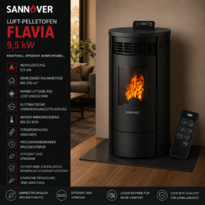 Sannover Flavia Luft-Pelletofen 9,5 kW – Schwarz mit Fernbedienung