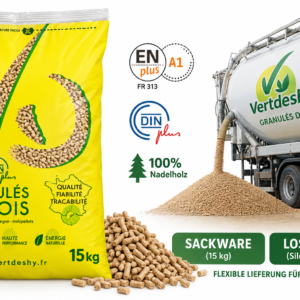 VERTDESHY Holzpellets – Sack (15 kg) oder lose Ware – 100 % unbehandeltes Nadelholz, ENplus A1 und DINplus