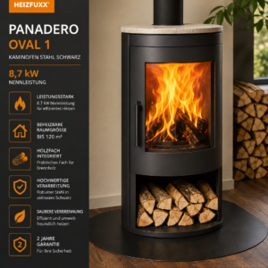 Panadero Oval 1 Kaminofen 8,7 kW – Stahl Schwarz, raumluftunabhängig mit Vermiculite-Brennraum