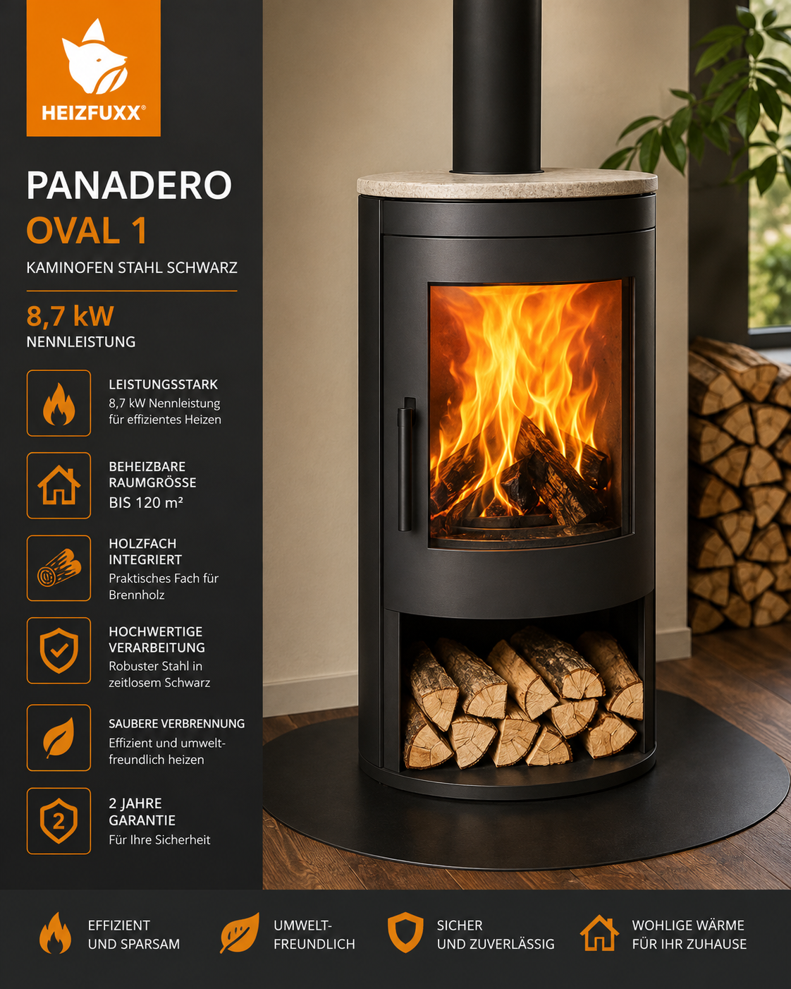 Panadero Oval 1 Kaminofen 8,7 kW – Stahl Schwarz, raumluftunabhängig mit Vermiculite-Brennraum – Bild 5