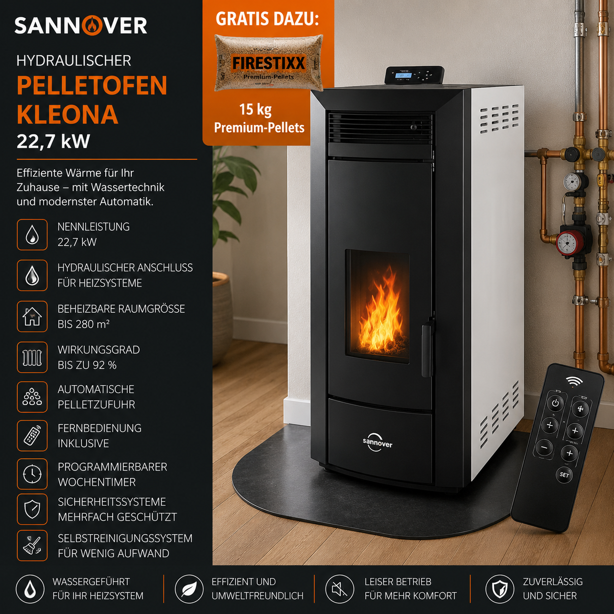 Sannover Kleona Hydro-Pelletofen 17,5 kW – Weiß, wasserführend mit Fernbedienung – Bild 7