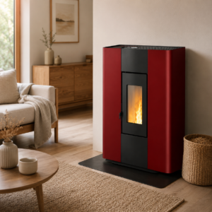 Freepoint Atri Pelletofen 4,9 kW – Bordeaux, extra flach und raumluftunabhängig mit Automatik