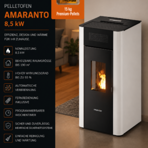 Freepoint Amaranto Pelletofen 8,5 kW – Stahl Weiß, vollautomatisch mit WLAN