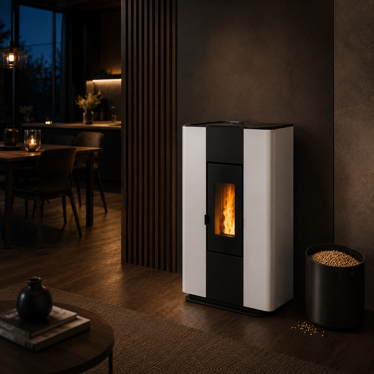Freepoint Roxy Stand extra flacher Pelletofen 7 kW – Weiß, raumluftunabhängig mit Fernbedienung – Bild 4