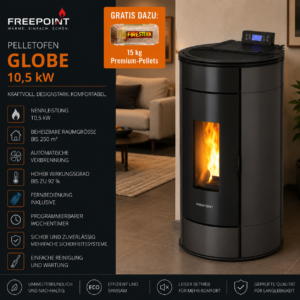 Freepoint Globe Pelletofen 10,5 kW – Stahl Anthrazit mit Automatik und Fernbedienung