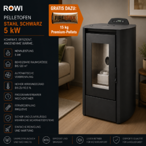 Rowi HPO 5/1 Puro Nova Pelletofen 5 kW – Stahl Schwarz, kompakt und raumluftunabhängig