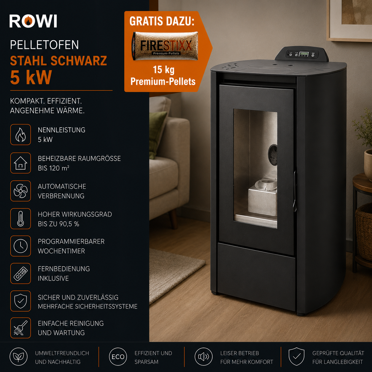 Rowi HPO 5/1 Puro Nova Pelletofen 5 kW – Stahl Schwarz, kompakt und raumluftunabhängig – Bild 4
