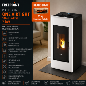 Freepoint One Airtight Pelletofen 7 kW – Stahl Weiß, raumluftunabhängig mit Fernbedienung