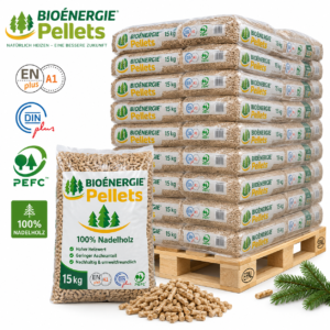 Bio Énergie Holzpellets Palette mit 66 Säcken à 15 kg (990 kg) – 100 % Nadelholz, ENplus A1, DINplus und PEFC