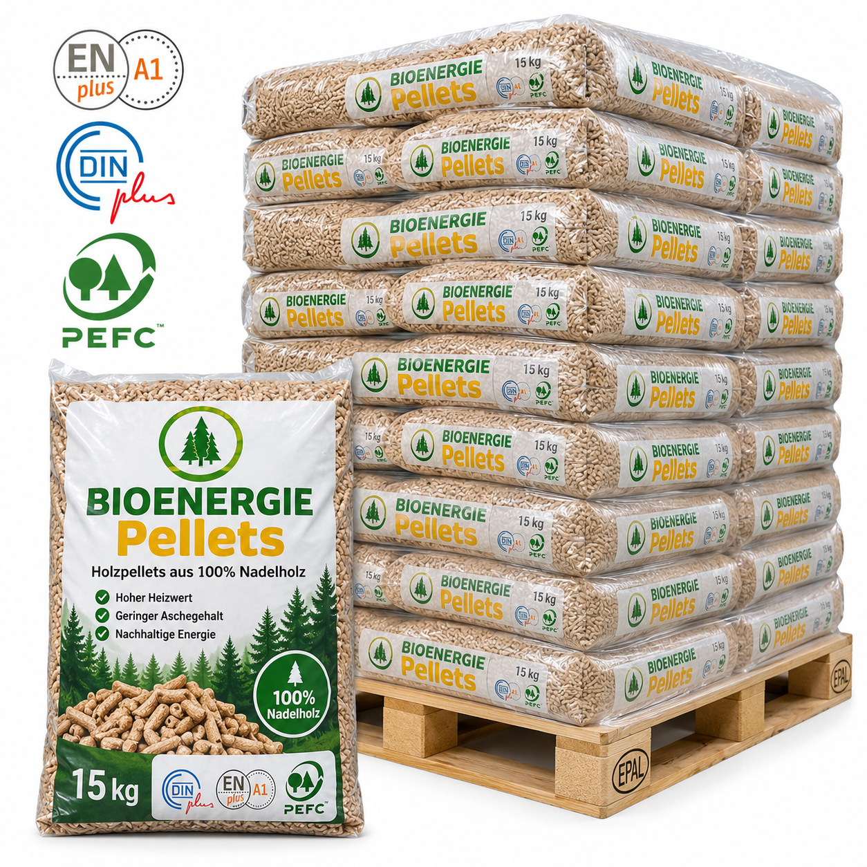 Bio Énergie Holzpellets Palette mit 66 Säcken à 15 kg (990 kg) – 100 % Nadelholz, ENplus A1, DINplus und PEFC – Bild 3