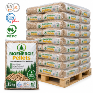 Bio Energie Holzpellets Palette mit 66 Säcken à 15 kg (990 kg) – 100 % Nadelholz, ENplus A1, DINplus und PEFC