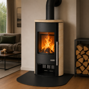 Accente Kaminofen 7 kW – Sandsteinverkleidung mit Spezialkeramik-Brennraum und gebogener Scheibe